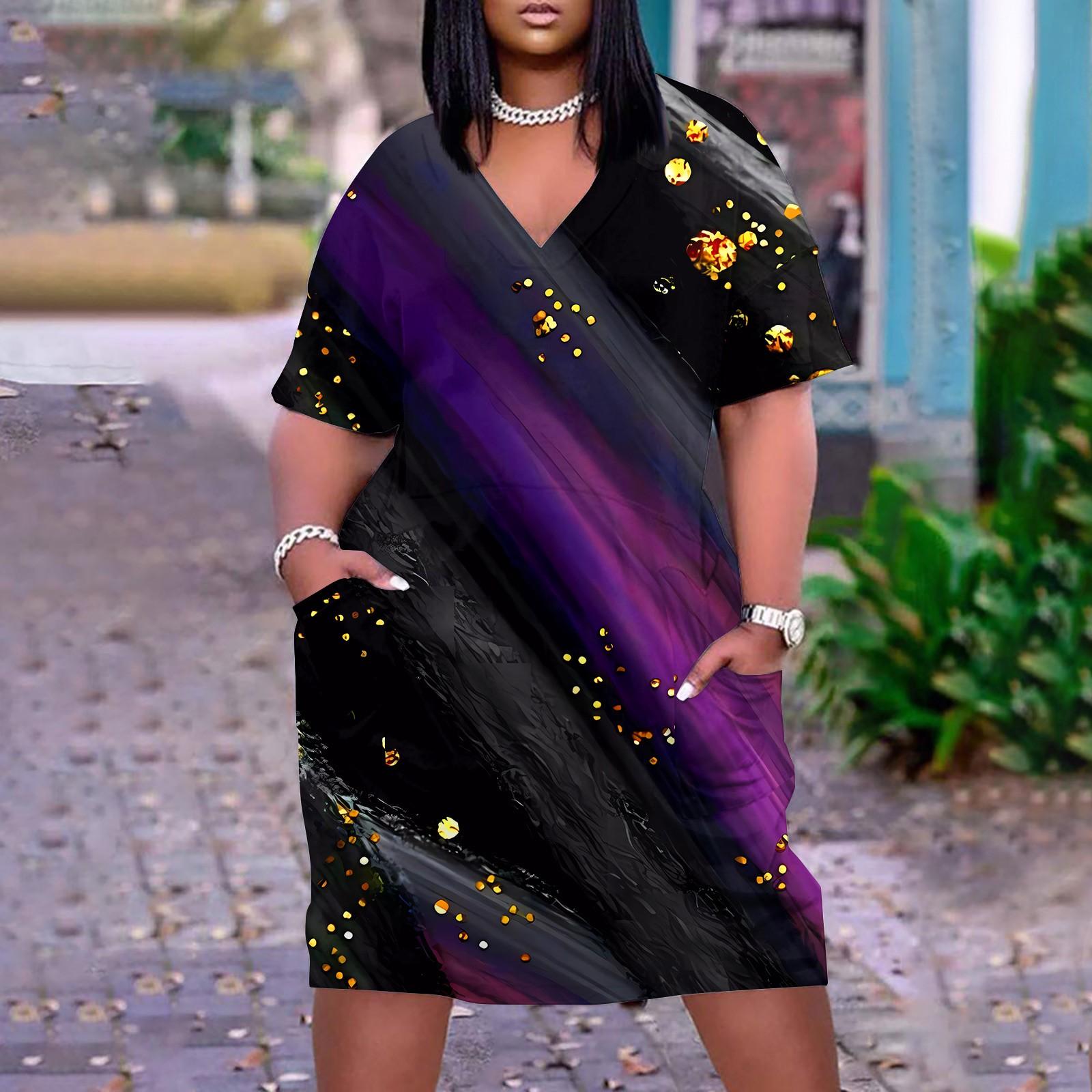 

Большое платье, женское летнее платье с v-образным вырезом, платье с короткими рукавами и принтом, с карманами XXXL фиолетовый