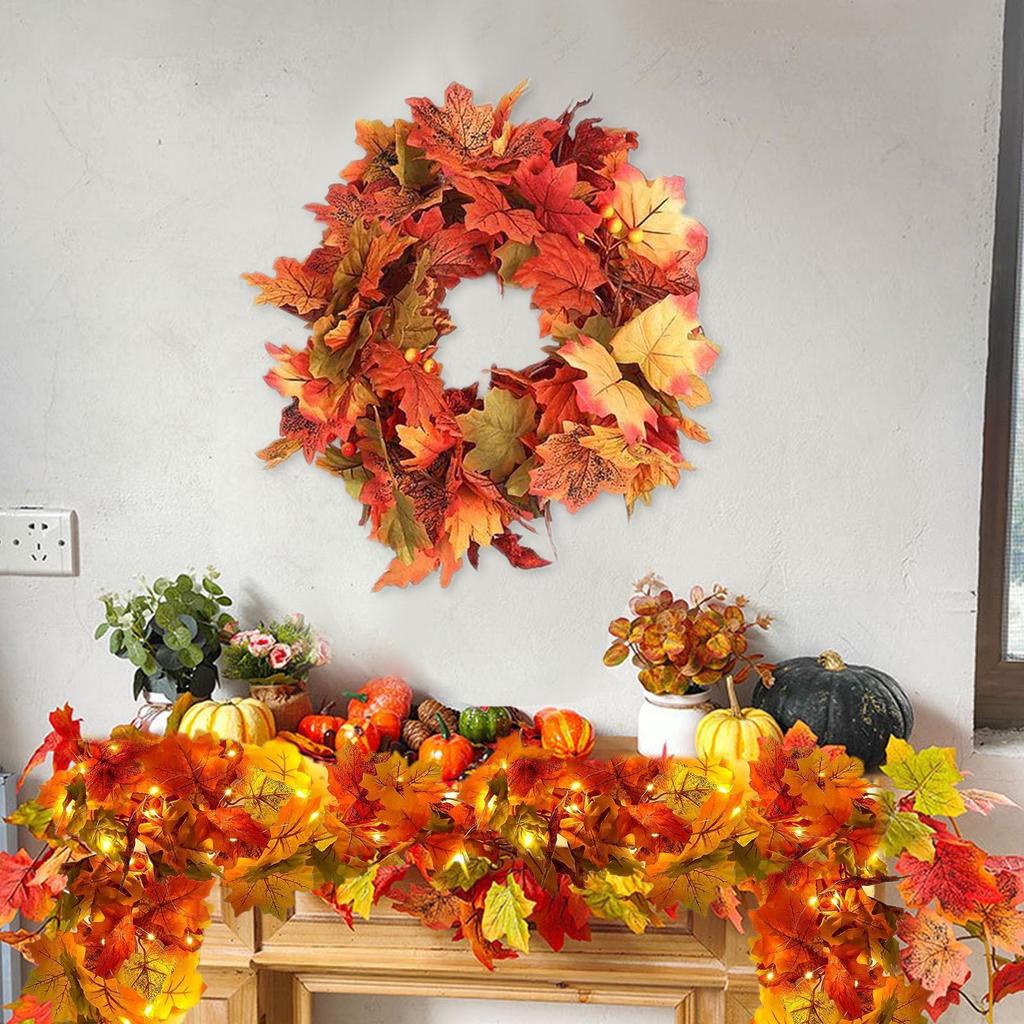 Autumn Fall Leaves Garland with LED vines Artificial Fake Plants Garland for Thanksgiving Halloween Festivals Wedding Decoration