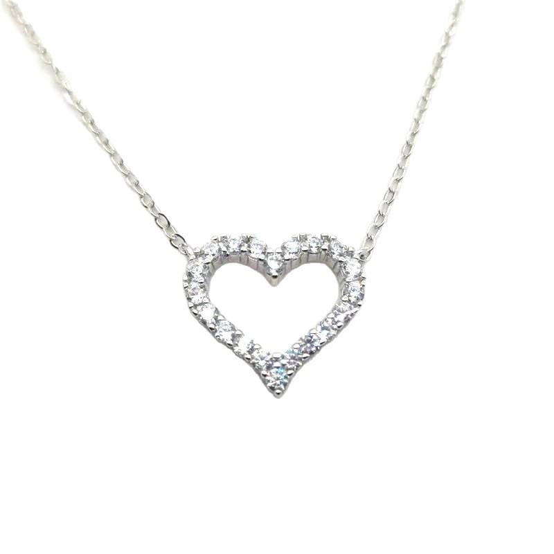 European S925 Sterling Silver Heart Pendant Necklace with Diamond Inlay