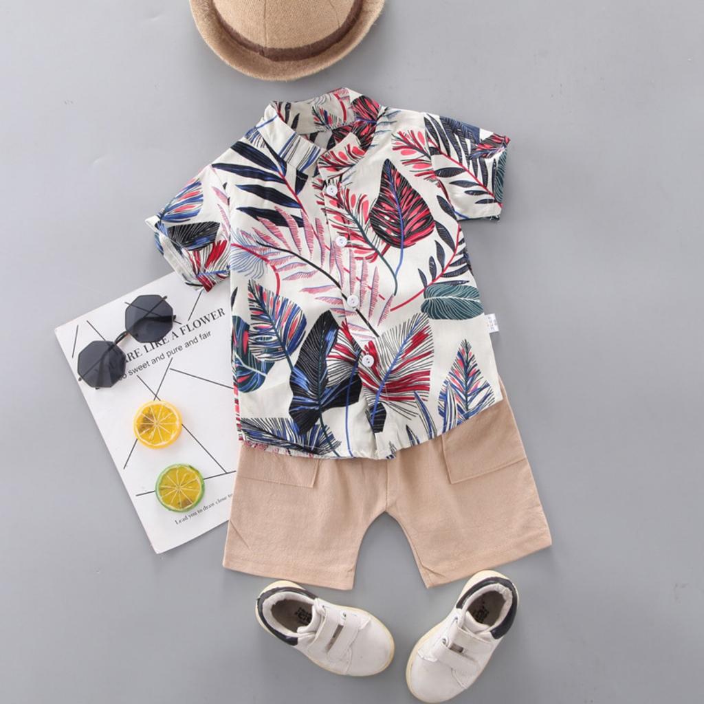 Summer Printed Pyramid Shirt Short Sleeved Shorts Set for Male and Female Infants and Young Children