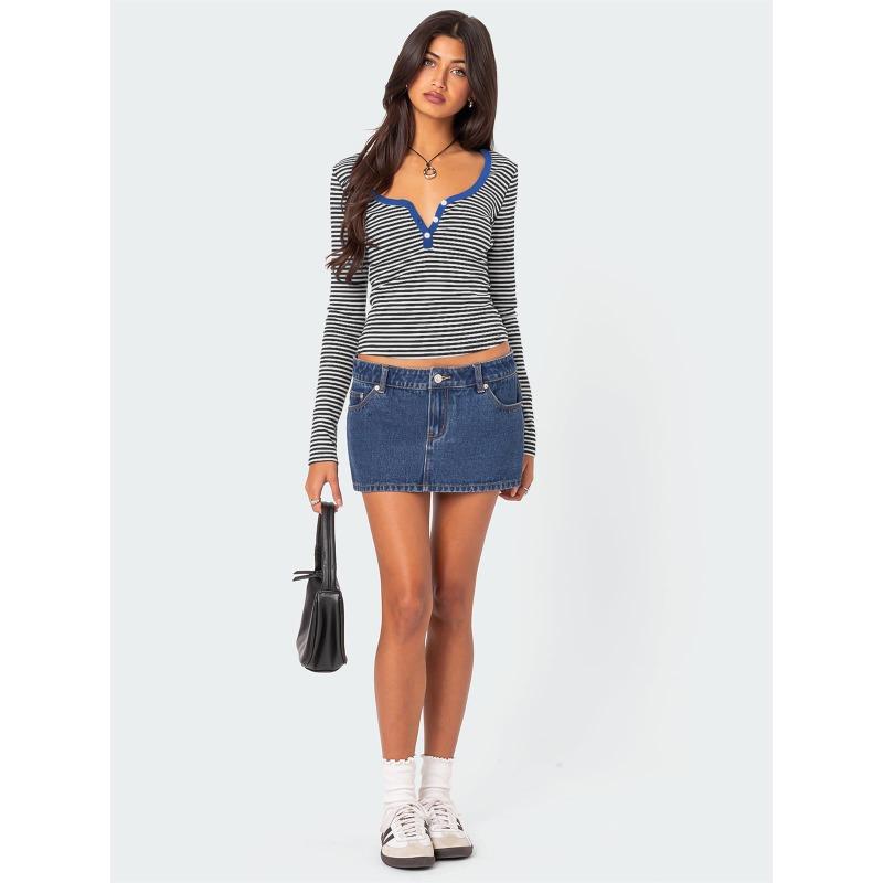 Kłócący się Pasiasty Dzianinowy Y2K Ubrania Damski Zapinany Dopasowany Formalny T-shirt na Ramię