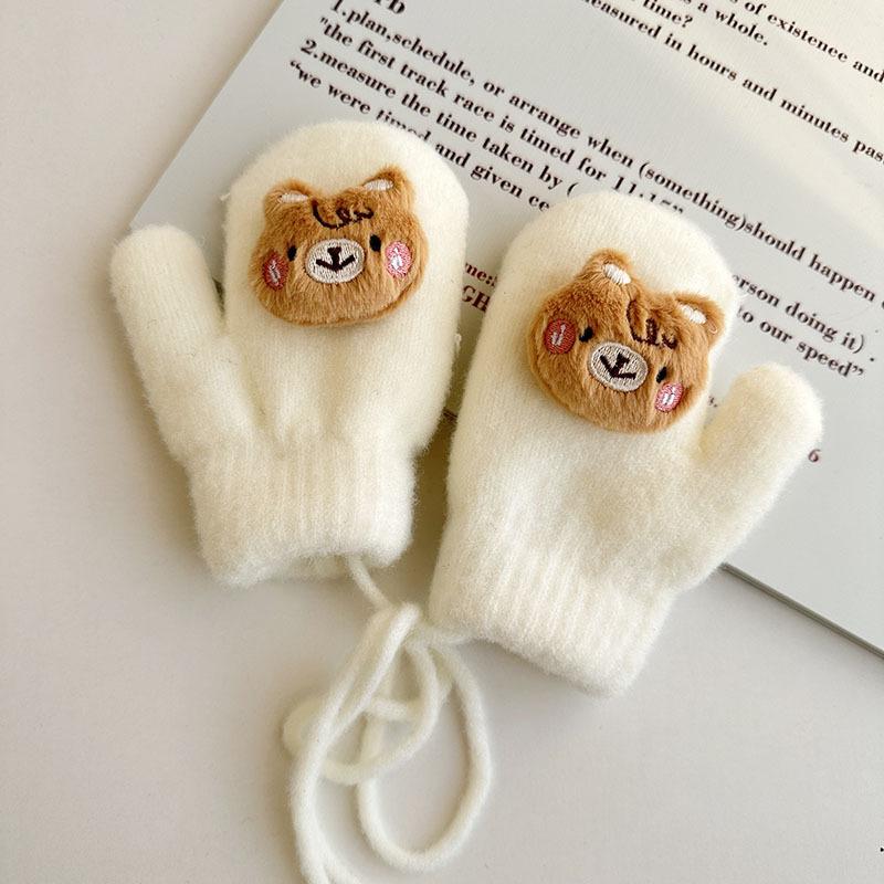 Neue Herbst- und Winter-Fingerhandschuhe für Kinder, Koreanische Version, Cartoon-Babyhandschuhe, Verdickt und Samt, Warm, Mit Nackenband, Fäustlinge