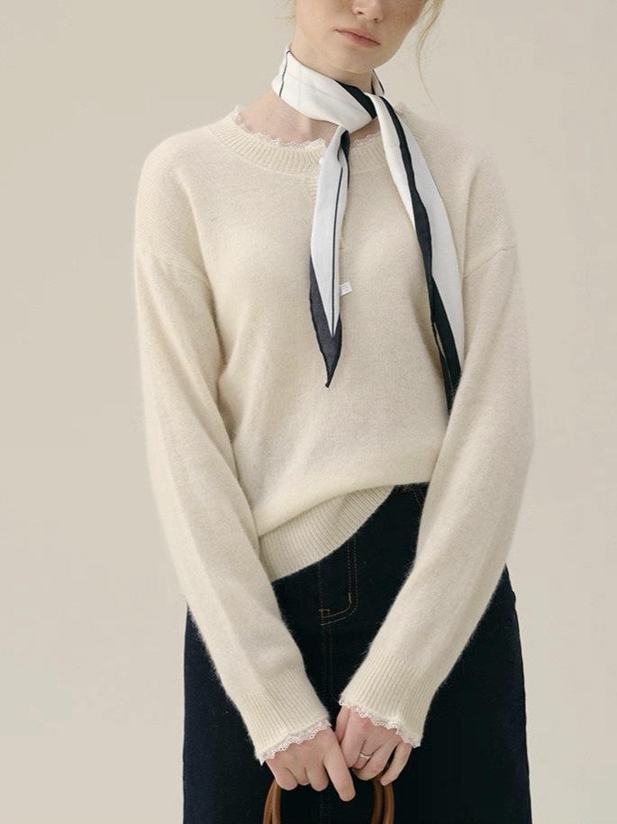 French Style Lace-Trimmed Winter Sweater