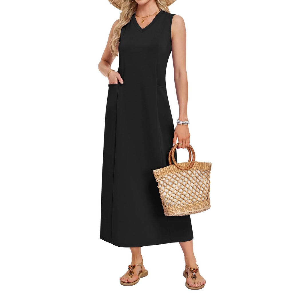 Women's Fashionable Color V Neck Sleeveless Vest Dress A-line Beach Dress