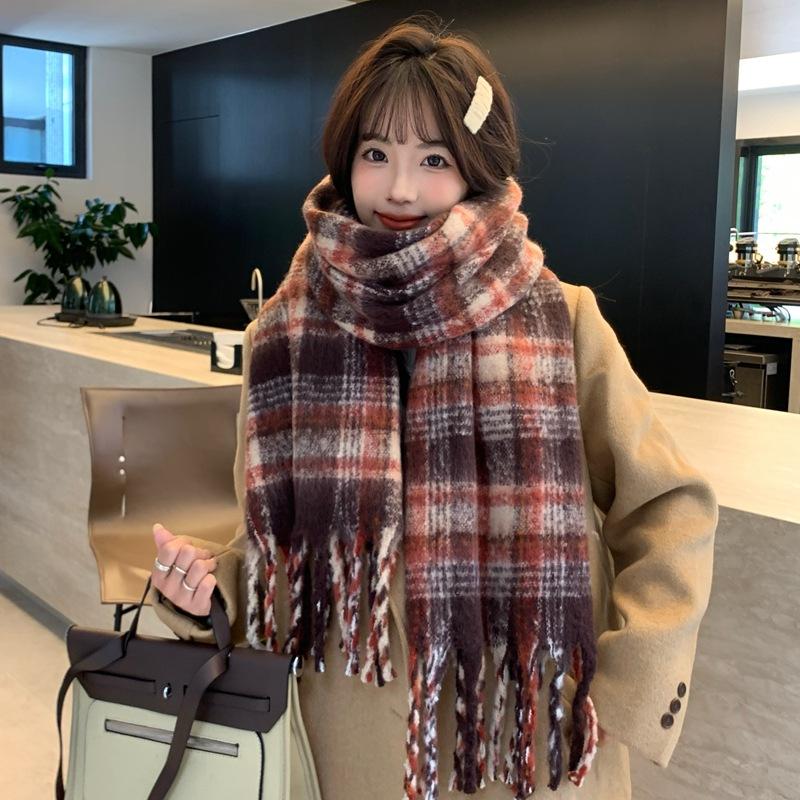 Women Winter Knit Scarf Headscarf Lady Preppy Retro Plaid Print Tassel Warm Scarve Foulard Wrap Shawl Fashion Casual New Korean