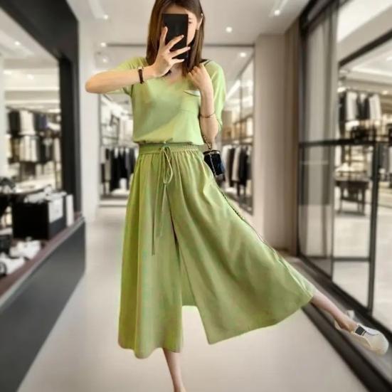 Women Skirt Pants Elastic Waist Adjustable Drawstring Ice Silk Cropped Pants Solid Color Casual Loose Fit Culottes