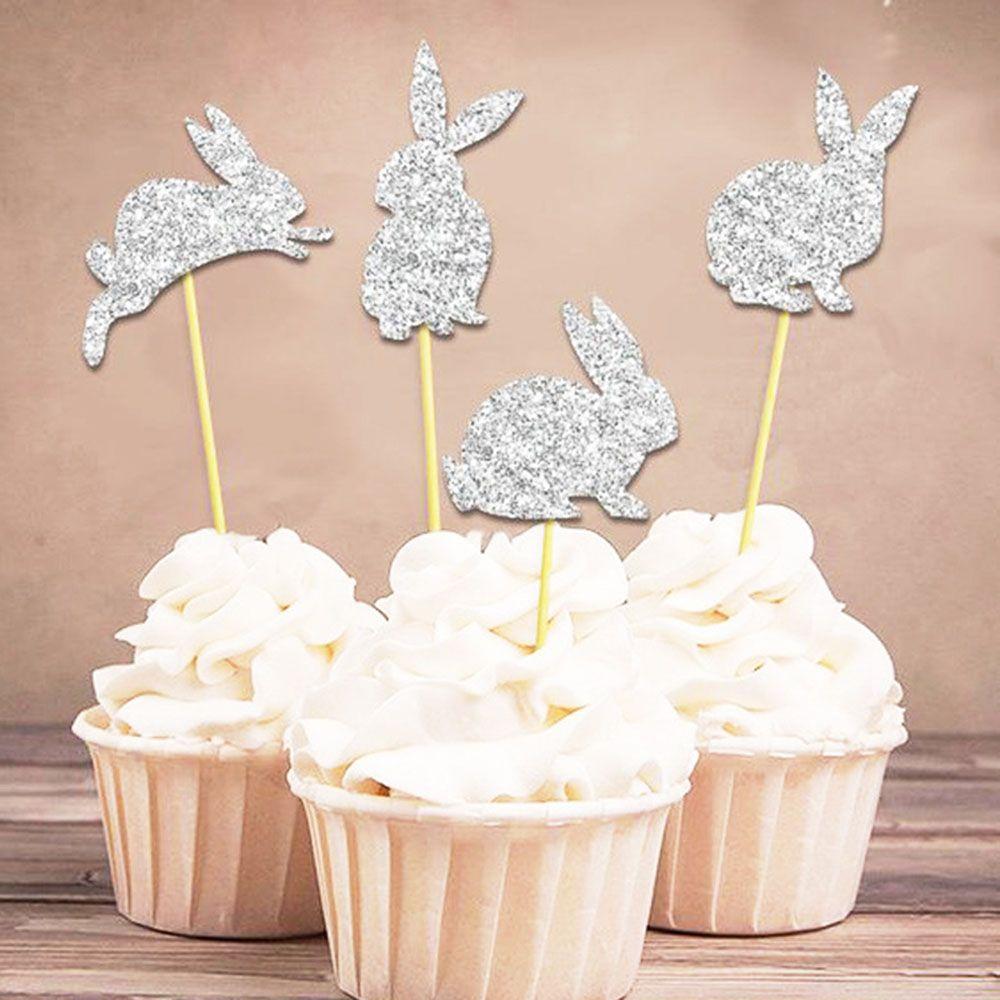 

4/8pcs Gold Silver Party Favors Easter Craft Glitter Rabbit Cupcake Toppers Cake Decor Picks Card