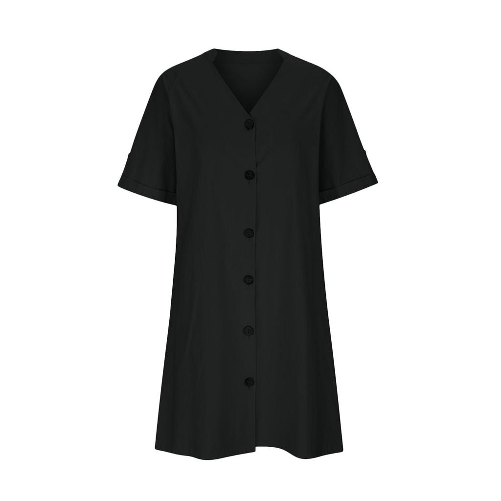 Modischer, mittellanger, einreihiger, lockerer, einfarbiger A-Linien-Rock aus gewaschener Baumwolle mit kurzen Ärmeln und V-Ausschnitt für Damen