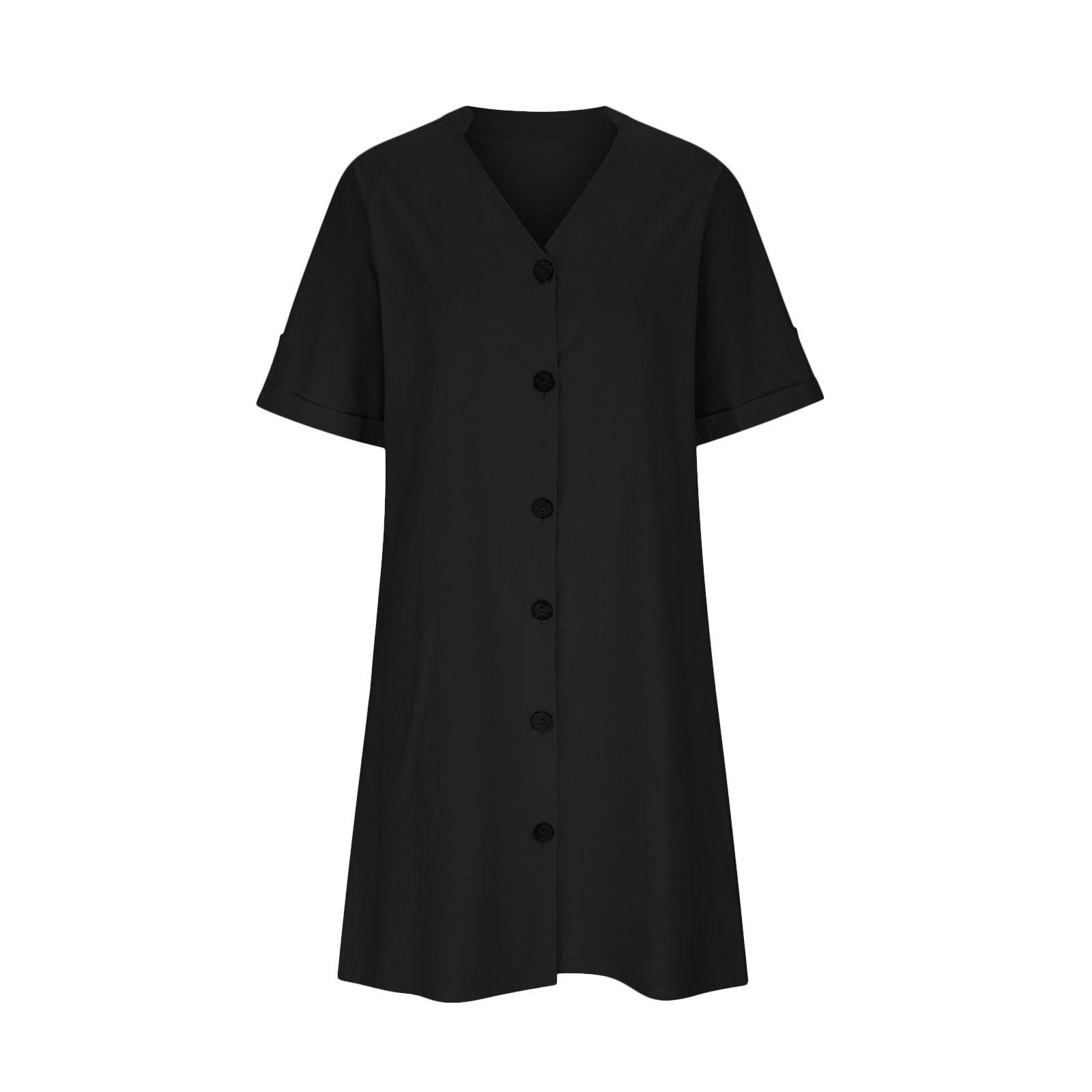 

Женская мода, однобортная свободная однобортная хлопковая юбка средней длины с короткими рукавами и v-образным вырезом, однотонная трапециевидная юбка S чёрный