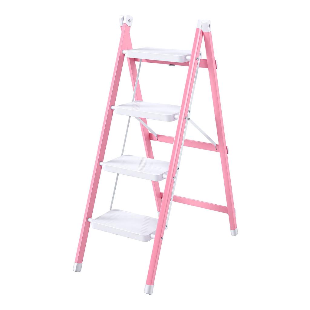 4 Step Ladder Non Slip Folding Step Stool Ladder Thickened Flower Stand for Kitchen Bedroom Office Pinkish White