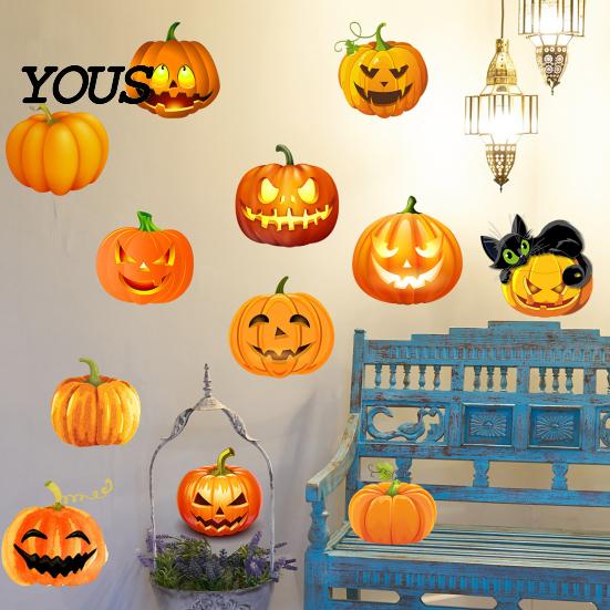 Nicht gruselige Halloween-Wohnkultur 3 Bögen Geistergesicht Kürbis Wandaufkleber, Niedliche Schwarze Katze Einfach Abziehbar Und Aufklebbar Feiertags-Wandbilder Dekorative Aufkleber,