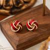 Vintage Red Rhinestone Heart Earrings for Women Elegant Geometric Key Lock Bow Tassel Alloy Stud Earrings Party Jewelry Gift