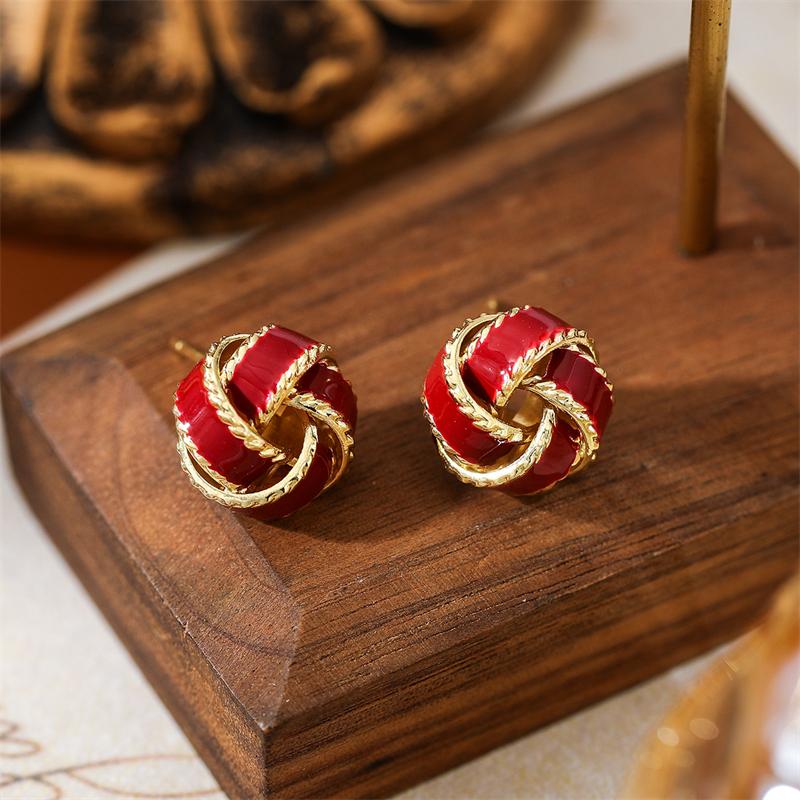 Vintage Red Rhinestone Heart Earrings for Women Elegant Geometric Key Lock Bow Tassel Alloy Stud Earrings Party Jewelry Gift