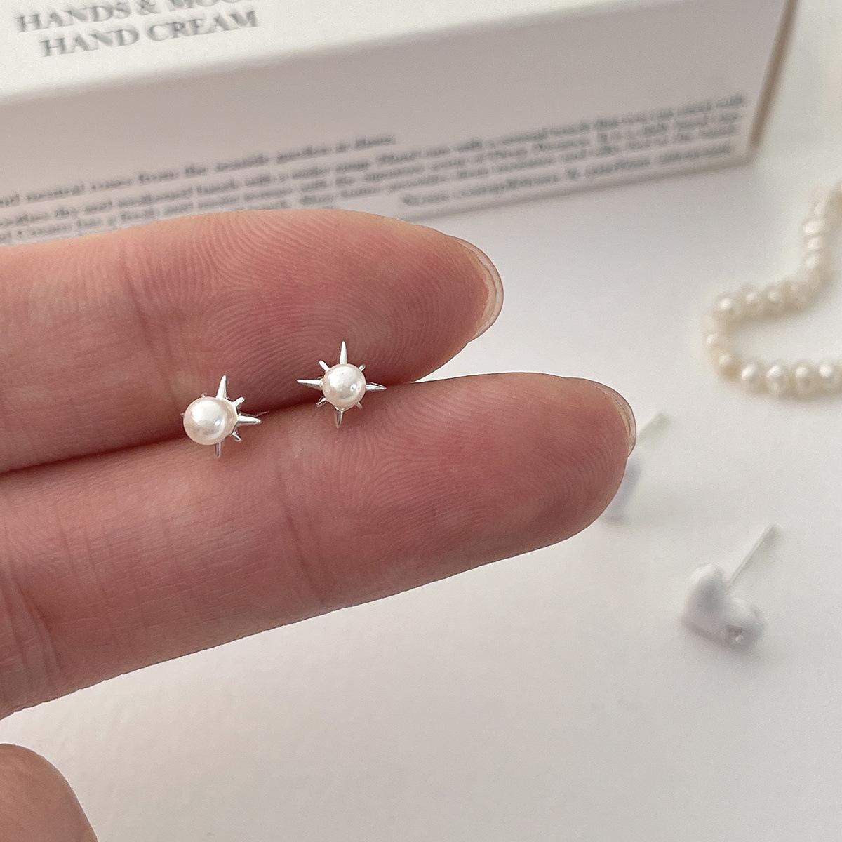 

925 silver needle love stud earrings women s sweet versatile pearl earrings simple and high-end octagram zircon earrings 925 silver needles