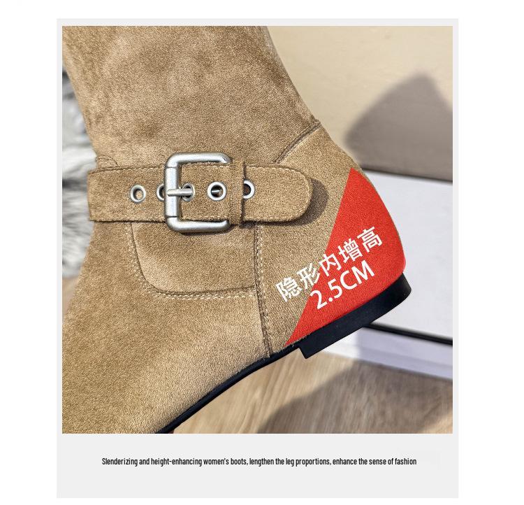 Korean Style Belt Buckle Mid-Calf Western Boots: Trendy, Comfortable & Versatile for Winter 2025 with High Socks.