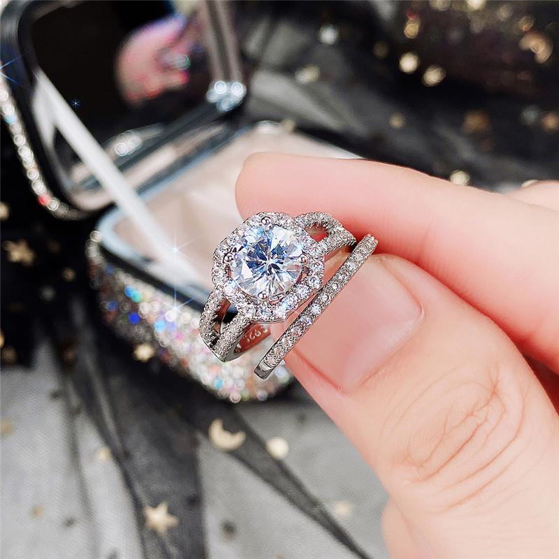 2pcs/set Aesthetic Engagement Rings Female Shiny Crystal CZ Chic Bridal Wedding Accessories Delicate Women's Jewelry Gift