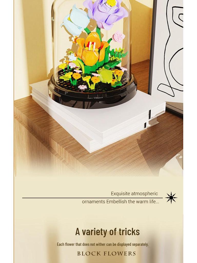 Preserved Flower with Cover Micro Particle Building Blocks - Desk Ornament Gift for Children's Day