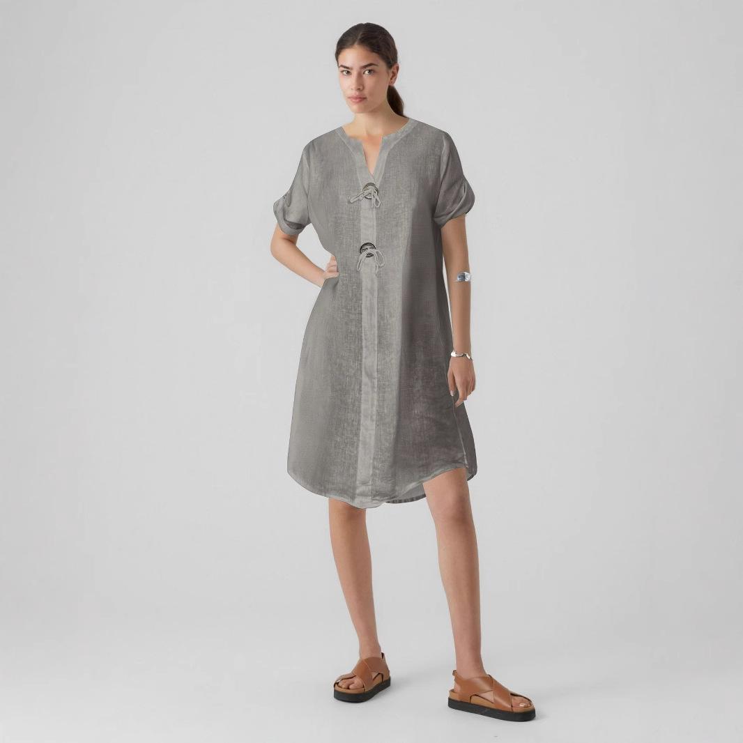 

Женское платье с коротким рукавом, V-образным вырезом и завязкой спереди, длиной до колена, повседневное летнее платье в 6 цветах M серый