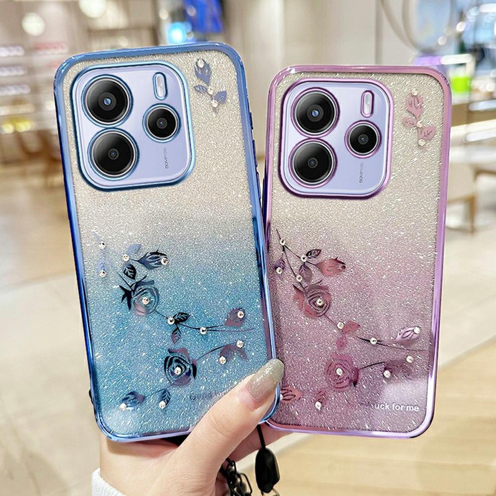 For Xiaomi Redmi Note 14 4G (163.25mm) Case Flower Pattern TPU Gradient Phone Cover with Lanyards