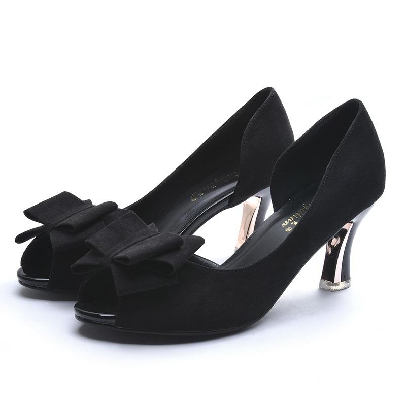 

Spring new thick heel fish mouth sandals medium heel women s shoes comfortable hollow high heel open toe single shoes bow work shoes 35 чёрный