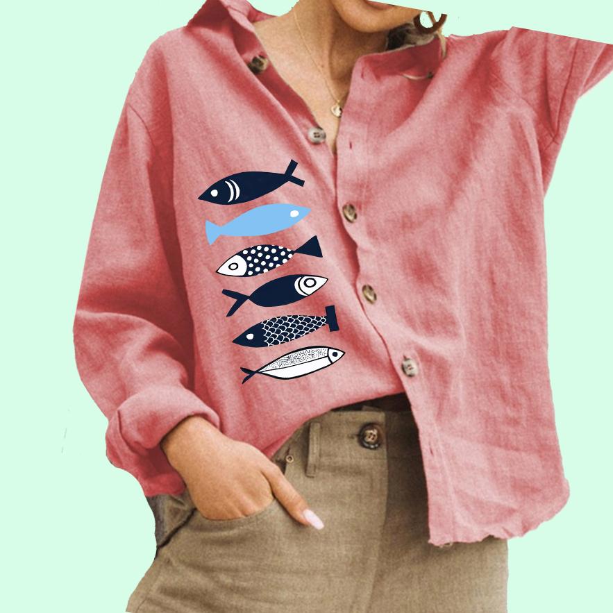 Women Fashion Button Down Shirt Casual Cotton Linen Top Ladies Fish Print Blouse