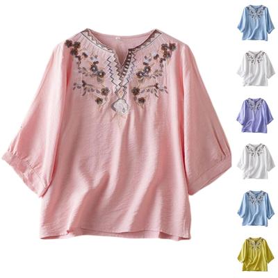 Women's Vintage Inspired Loose Fit Mid-Sleeve Cotton Linen Blend Embroidered Top