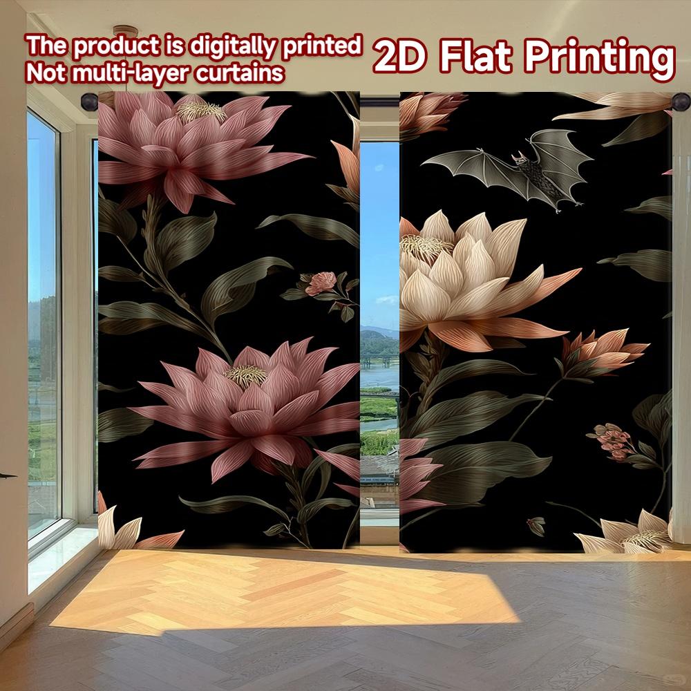 

2D FLAT PRINTING 2pcs Curtains (Without Rod) Halloween Floral Bats Design April Fools is Day Festival Chic Print Curtains 100*130 Rod Pocket 1pcs