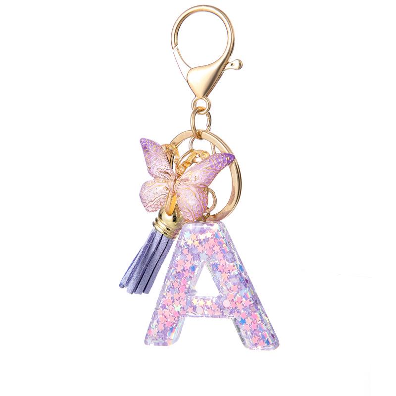 A-Z Resin Letter Keychain with Purple Butterfly Tassel Pendant for Women's Bags