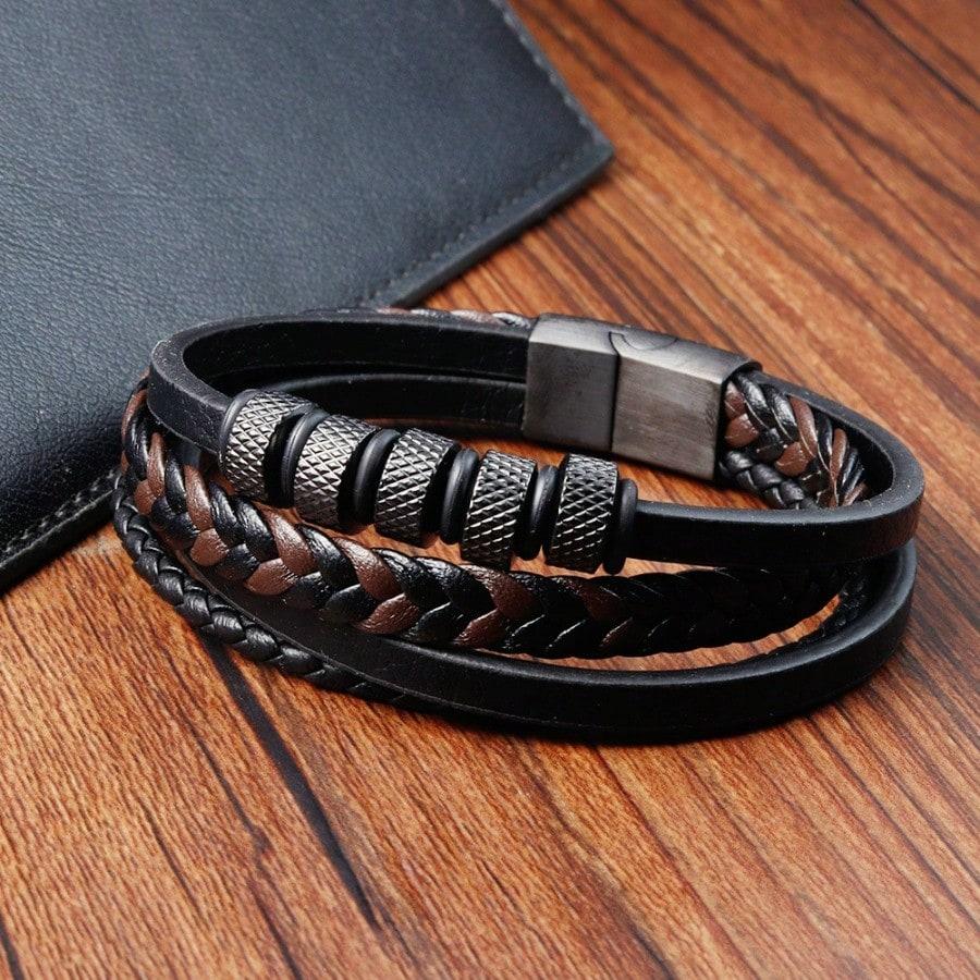 Simple Stainless Steel Leather Rope Bracelet,multi-layer Black Leather Woven Men's Bracelet Bangle