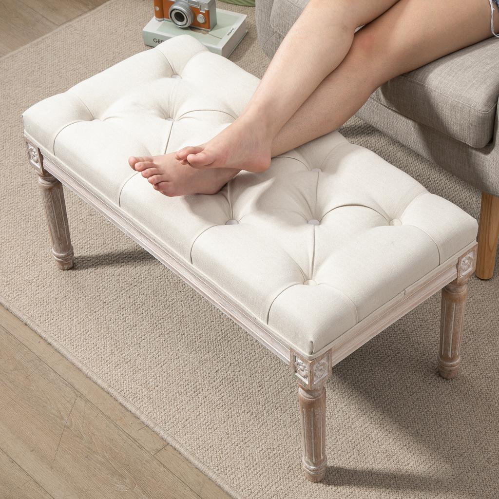 Upholstered Seat Stool, Upholstered Bench, Footstool, Wood and Linen-Look Fabric Cover, 80L X 40W X 43H Cm, Cream White