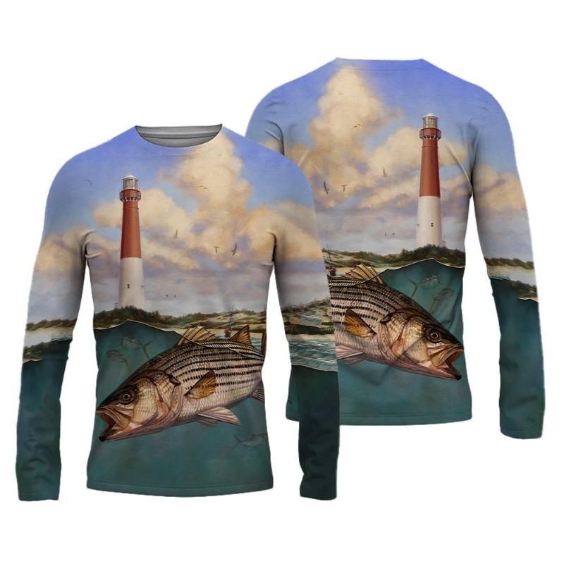 Sommer Herren Angelshirts 3D Pinting Angelbekleidung Atmungsaktives T-Shirt Langarm Outdoor Sport Rundhals Angelshirt 6XL