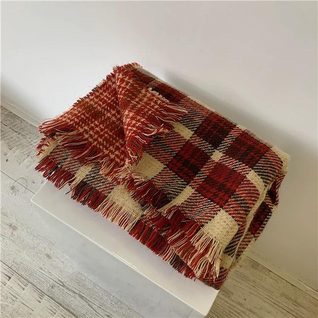 Korean Style Imitation Cashmere Plaid Scarf - Women's Warm, Thick, and Versatile Neck Warmer for Fall and Winter.