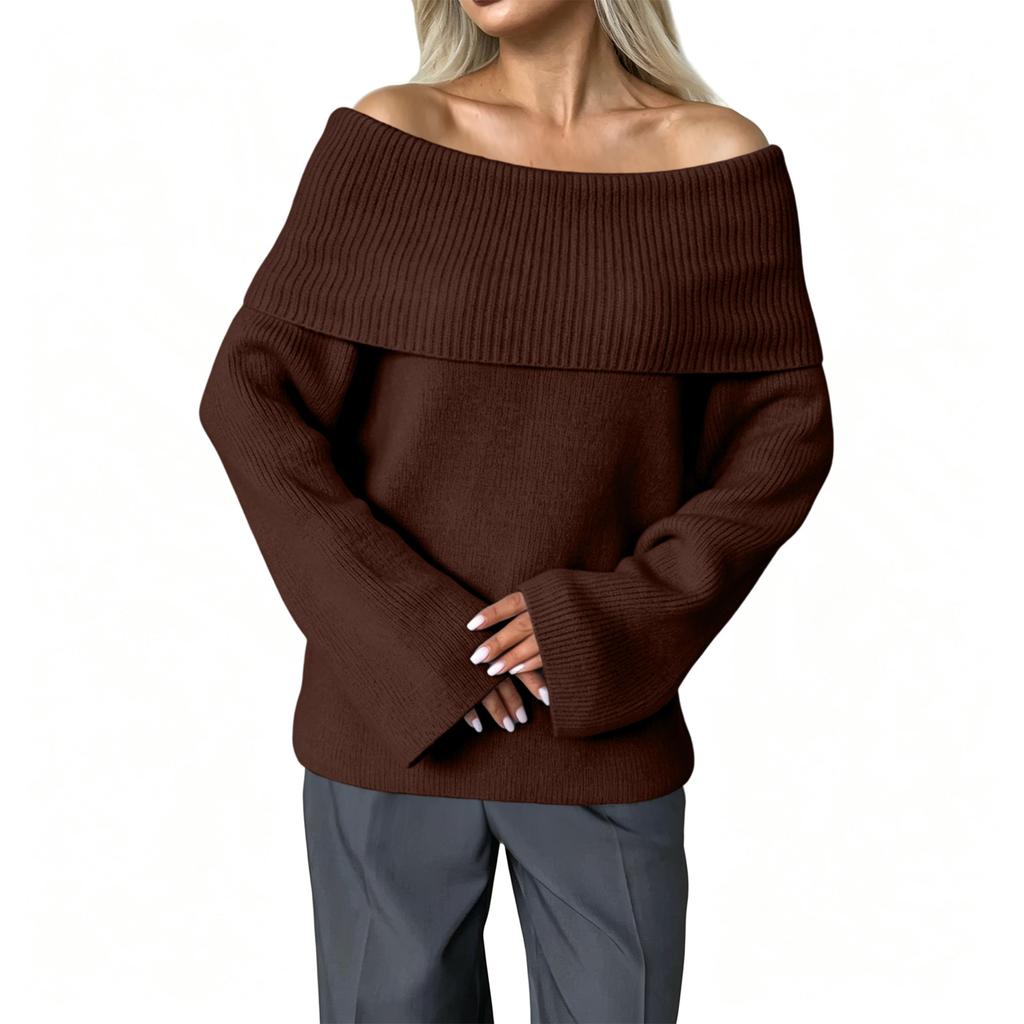 Women's Off-Shoulder Pullover Sweater with Fold-Over Collar, Relaxed Fit Versatile Casual Knit Top