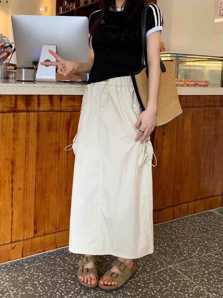 Chic Drawstring Pocket Design Cargo Skirt Women Summer Retro High Waist Gyaru Split Long Skirts Harajuku Fashion Streetwear New