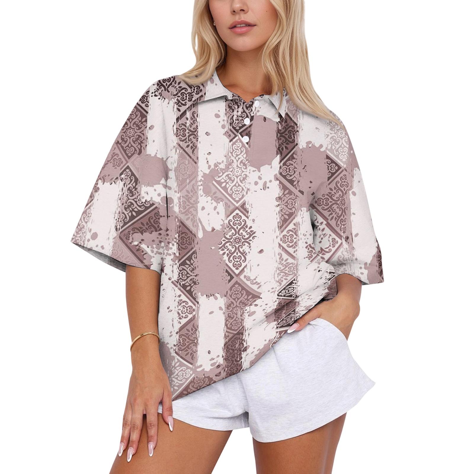 

Women Casual Polo Shirt Loose Fit Short Sleeve Button Down Collar Top Lightweight Breathable Fabric Summer Wear L кофейный
