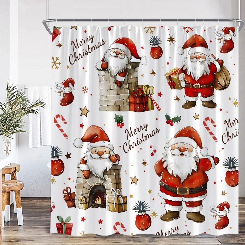 Cute Snowman Christmas Shower Curtains Xmas Tree Gift Winter Forest Red Bird Cedar Snowflake Scenery Home Bathroom Curtain Decor