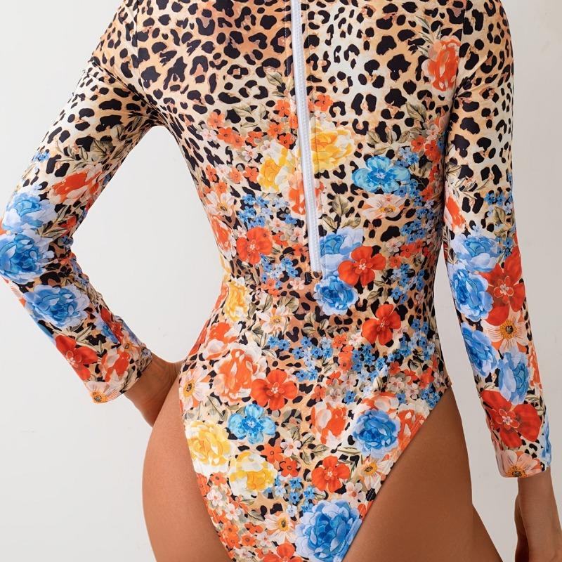 Leopard Print Turtleneck Zipper One Piece Tight Women Sexy Swimsuit Surfing Wetsuit