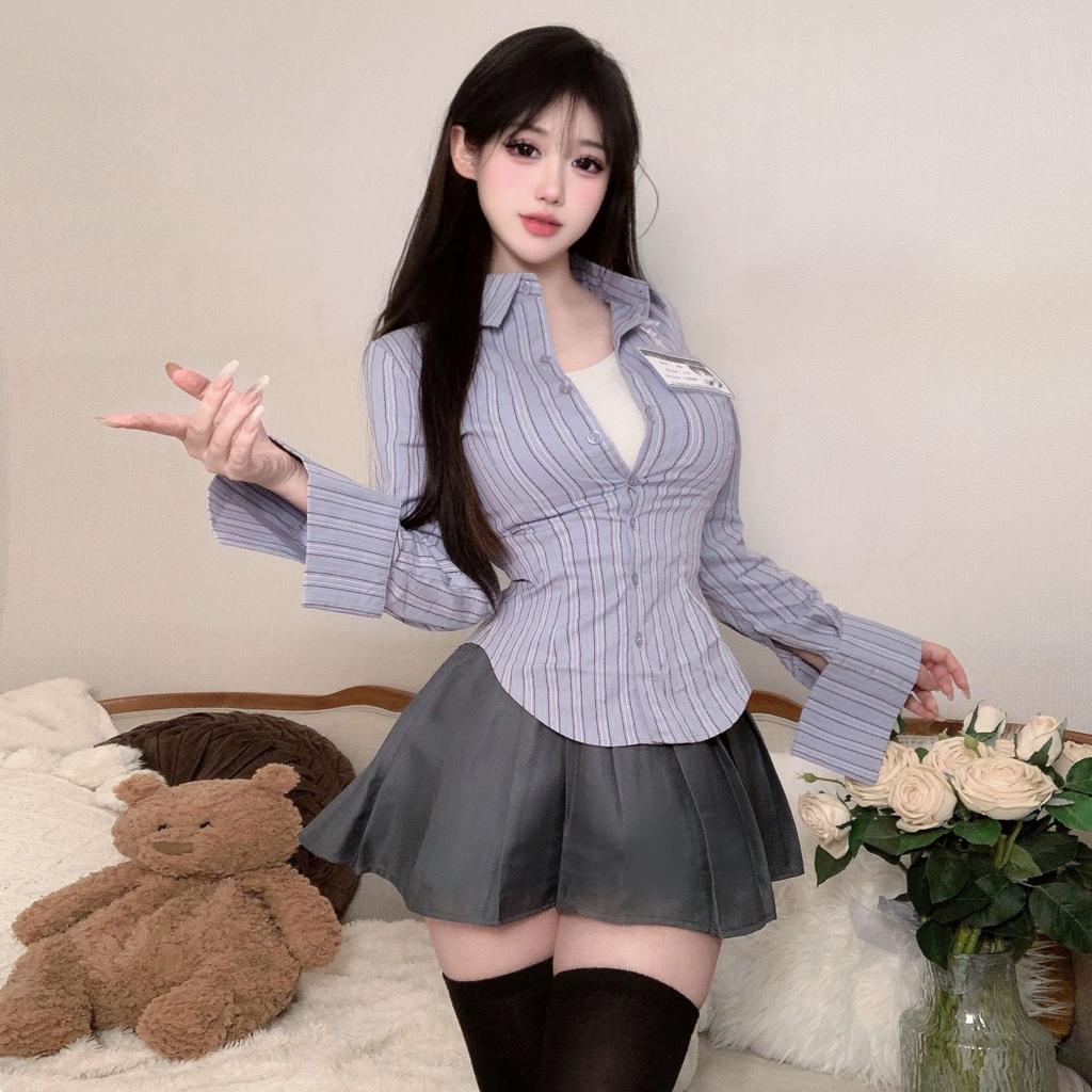 Sex Underwear JK Uniform Suit Pure Desire Spice Girls Striped Long Sleeve Shirt Design Sense Top Professional Suit Pure Desire