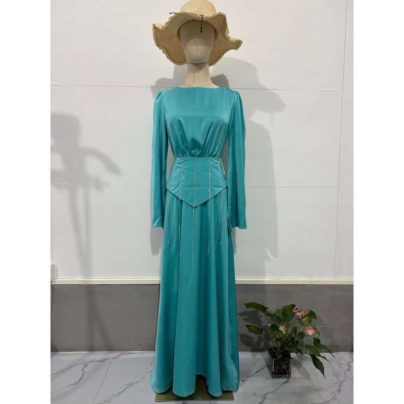 

Модное платье с поясом на ветру, бриллиантовым декором, приталенное по талии, с рукавами-клеш, круглым вырезом и рукавами-клеш Lake Blue XL