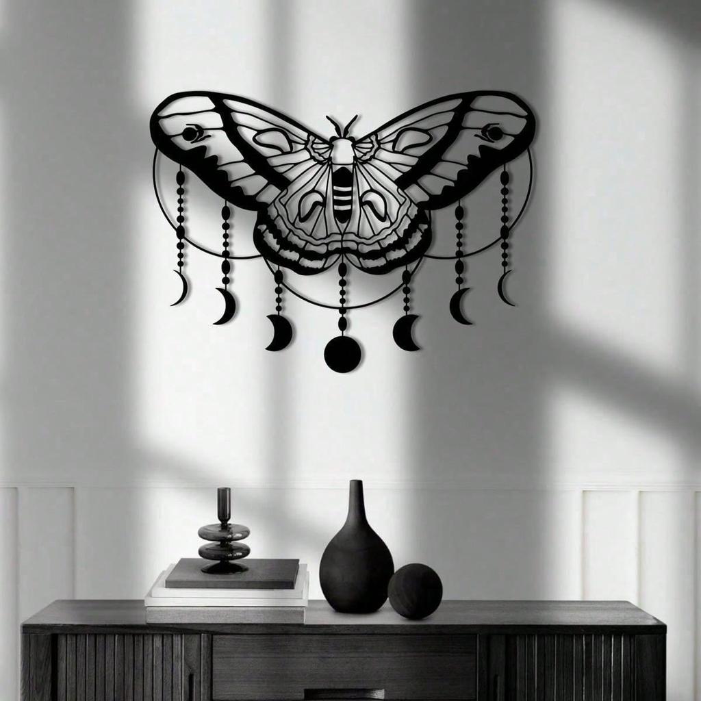 Moon Phase & Moth Metal Wall Art - Witchy Halloween Decor For Home, Bedroom & Yoga Room, Magical Indoor