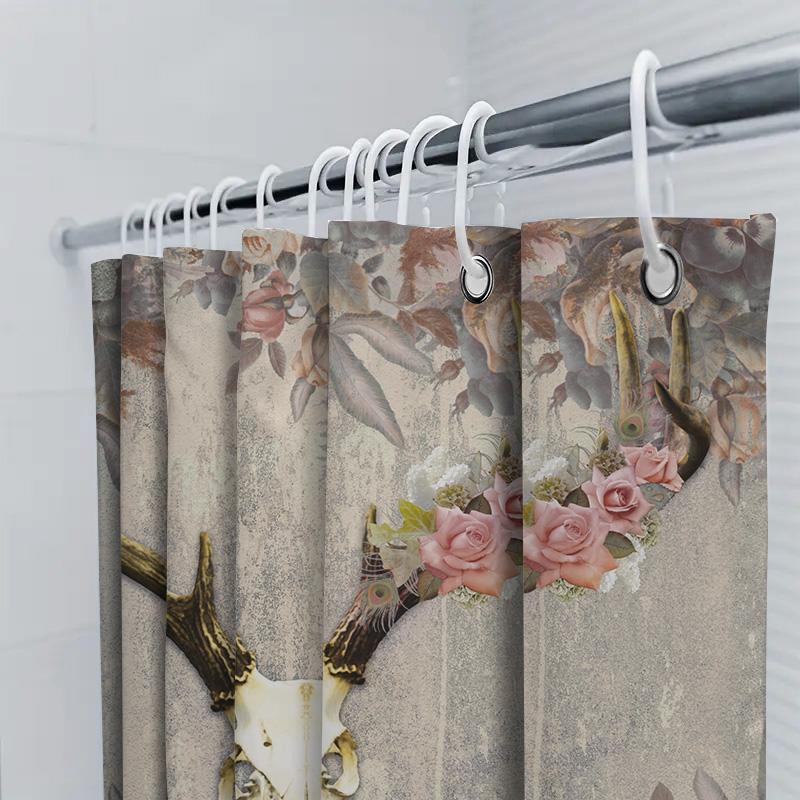 Vintage-inspired deer skull shower curtain with floral pattern perfect for rustic bathroom decor
