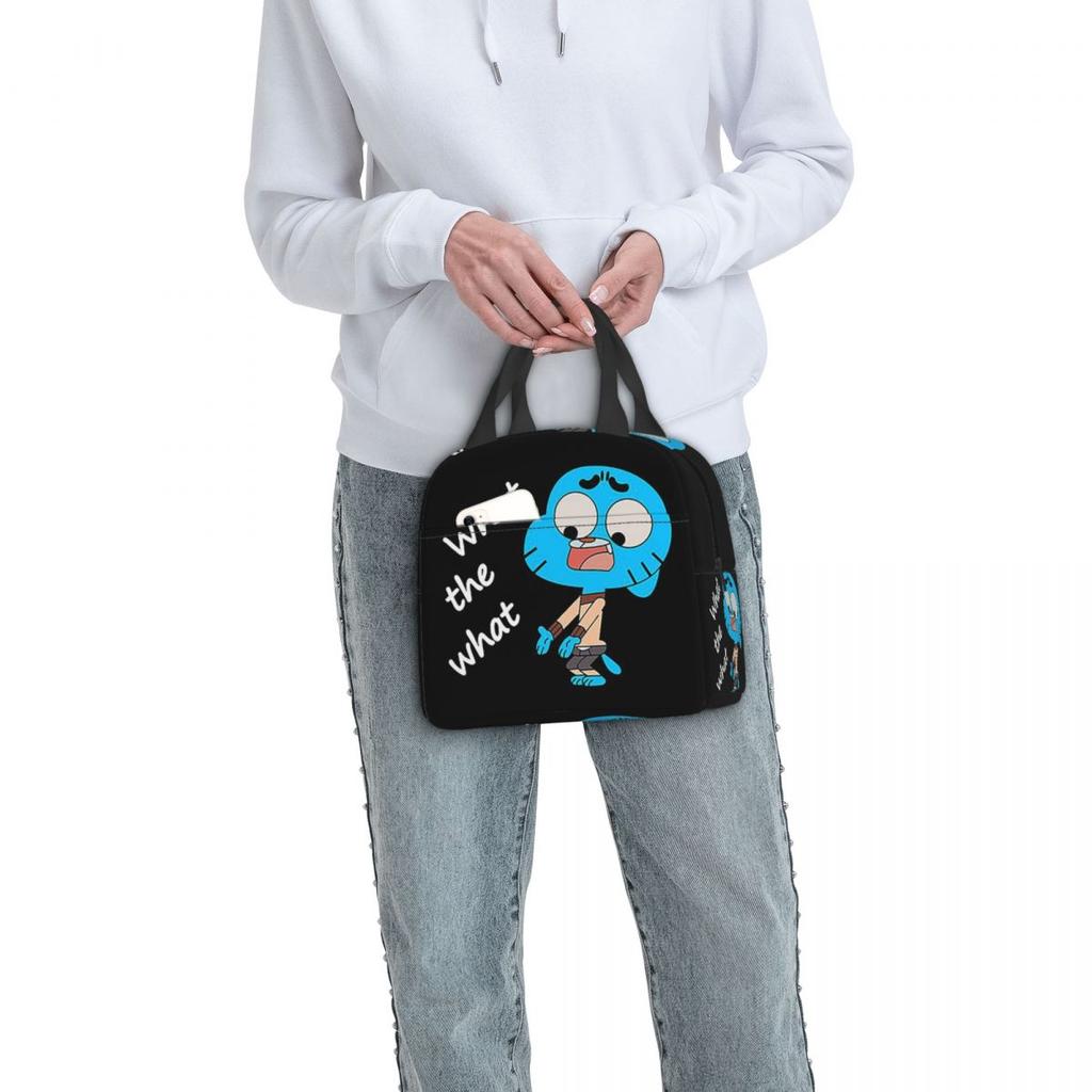 Lo Straordinario Mondo di Gumball What The What Borsa Termica per Pranzo per Donne Bambini Scatole per Cibo Portatili Pranzo al Sacco Termico Borsa Tote