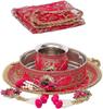 Rosa und Goldfarbenes Florales Dekoratives Handgefertigtes Edelstahl Karwa Chauth Pooja Thali Set mit Chalni, Lota & Chunri