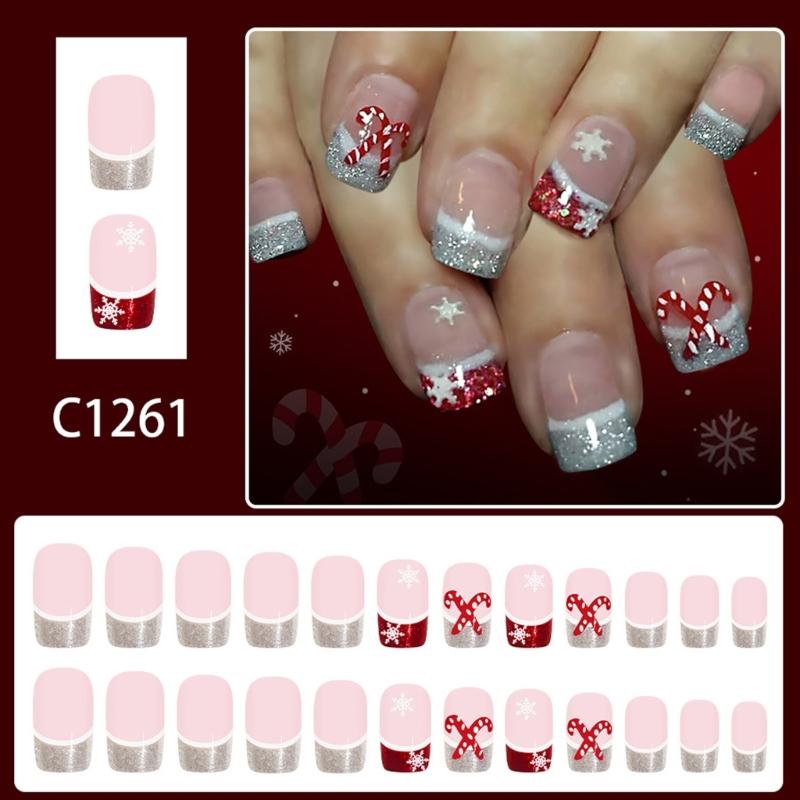Christmas French Glittering Art Short Fake Nail With Snowflake Cane Design No Tools Needed ABS Materials