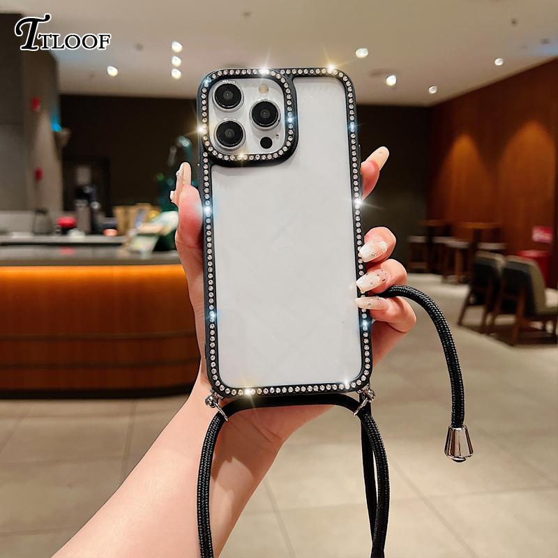 Diamond Glitter Crossbody Necklace Lanyard Case For iPhone 16 16E 11 12 13 14 15 Pro Max Plus Bling Transparent Soft Cover