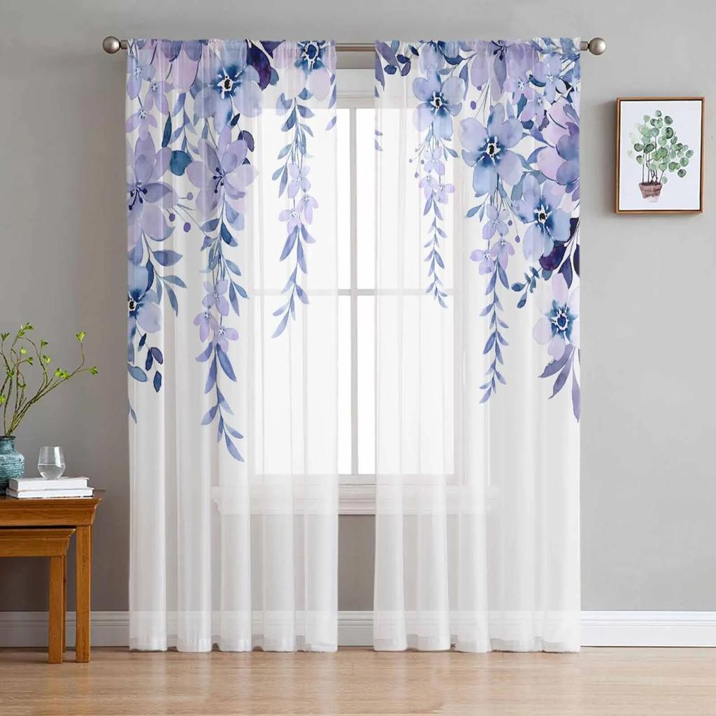 Flower Watercolor Leaf Bud Window Curtains For Living Room Bedroom Kitchen Chiffon Sheer Window Treatment