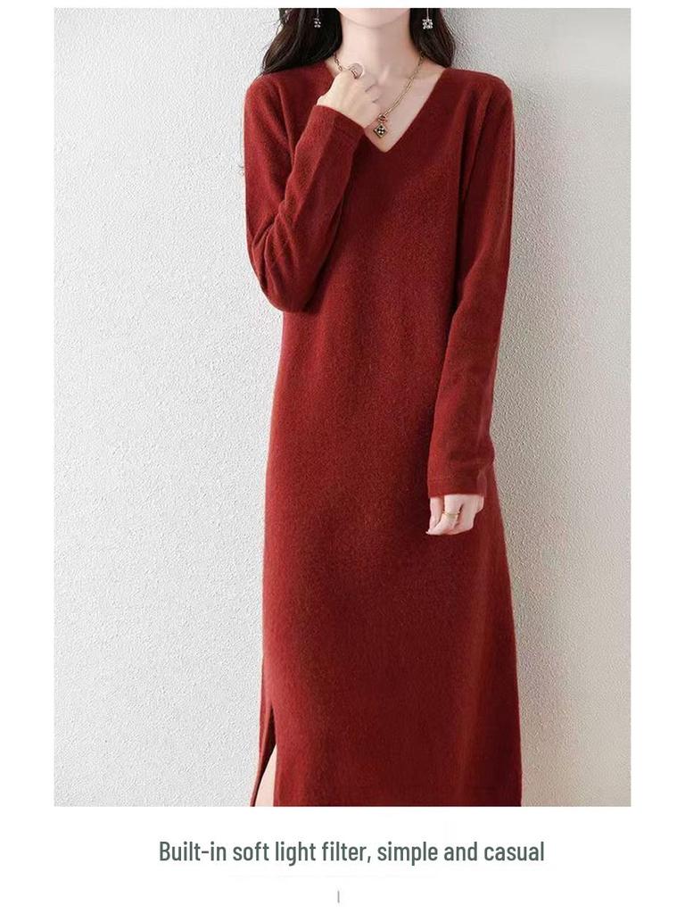 2025 Herbst/Winter Damen Woll V-Ausschnitt Knielanges Pulloverkleid mit Schlitz