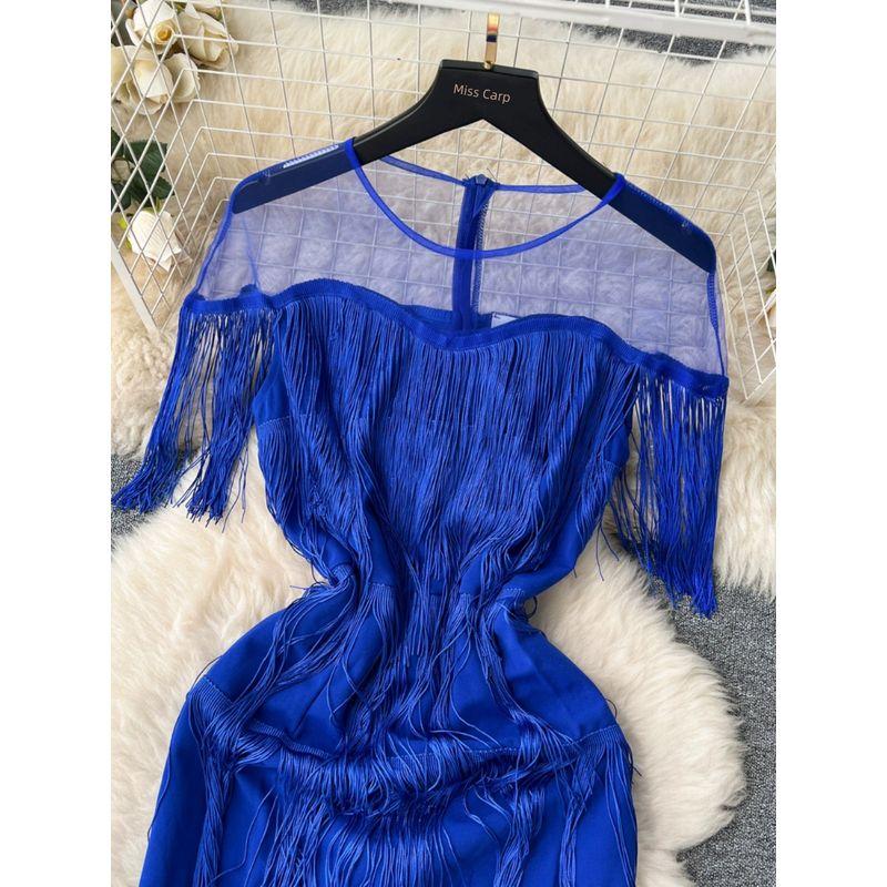 Classy Women's Clothing Fall 2023 New Arrival Light Luxury Minority Formal Dress Sheer Mesh Stitching Tassel Dress Women