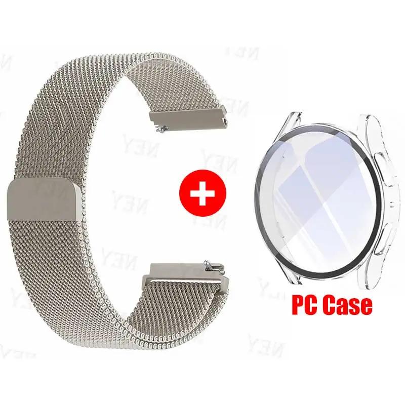 Glass Case+Strap for Samsung Galaxy Watch 7 6 5 4 40mm 44mm Milanese Loop 20MM Band PC Protector Cover Bumper Galaxy Watch 6 5 4
