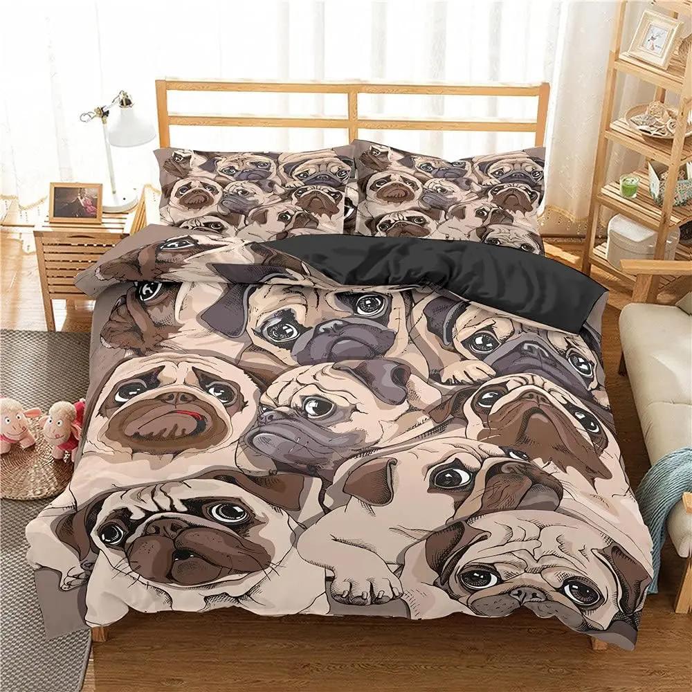 

Lovely Pet Dog Duvet Cover Twin Queen Cute Pug Dog Bedding Set 3D Animal Theme Comforter Cover For Boys Girls Room Decor 2/3Pcs EU Single(135x200cm)